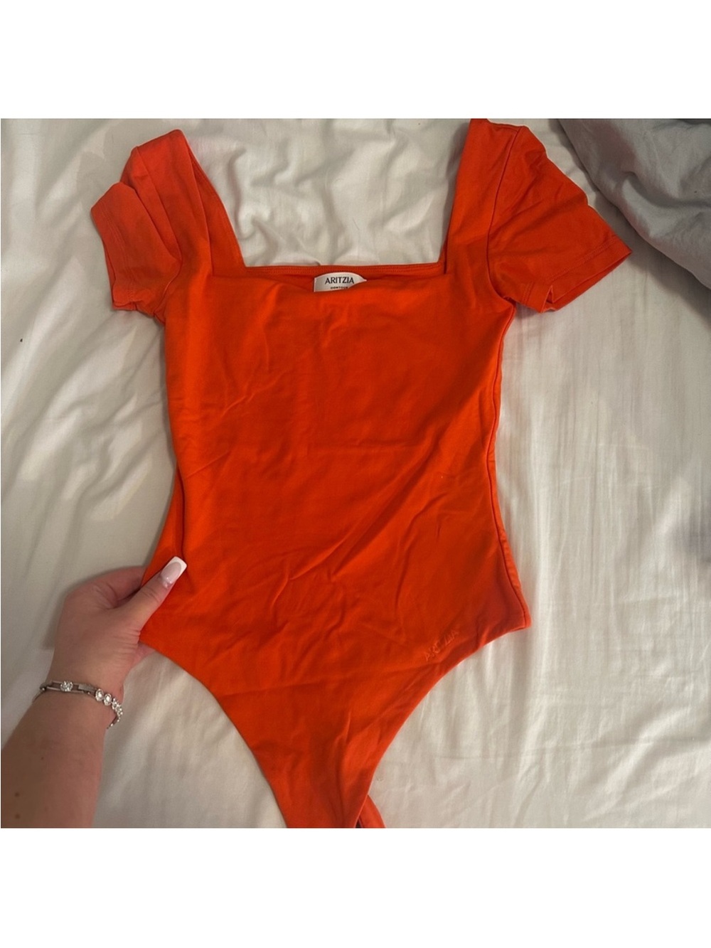 Aritzia Vibrant Orange Square-Neck Short-Sleeve Bodysuit